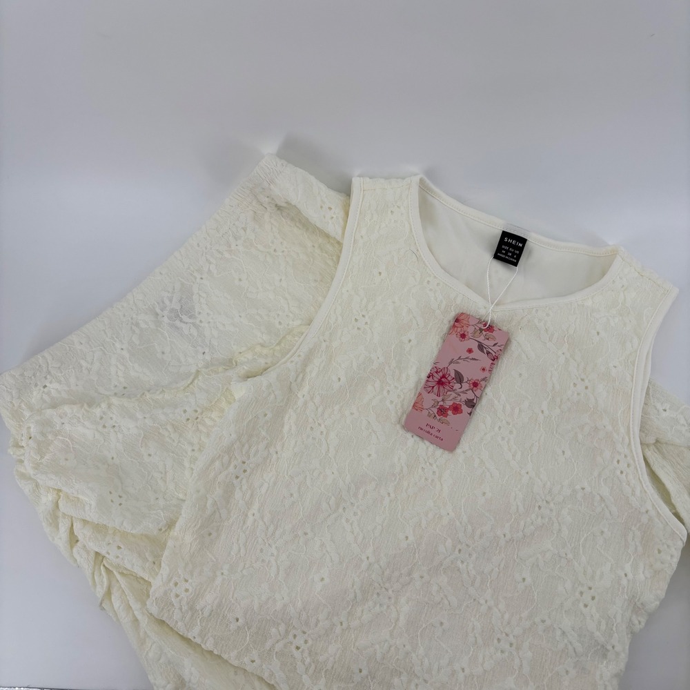 NWT SHEIN MOD Women Skirt Set Medium‎ Cream Floral Lace Sleeveless Asymmetric